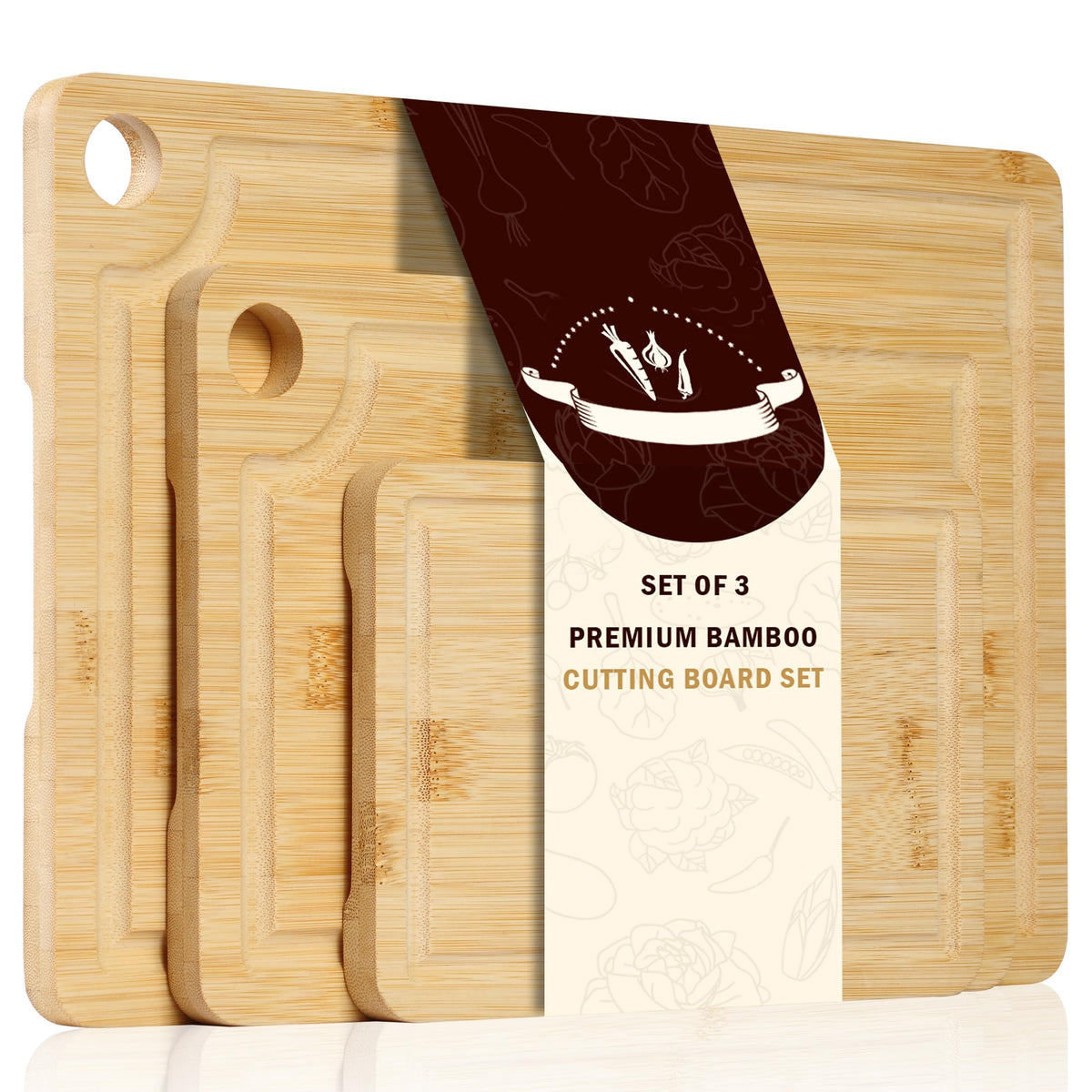 Tabla Sentk grande de bambú con ranuras para jugos, ideal para carnes.