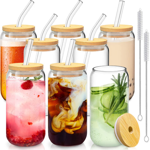 Vaso de cristal SENTVEND 16 oz con tapa de bambú para bebidas frías y elegantes.