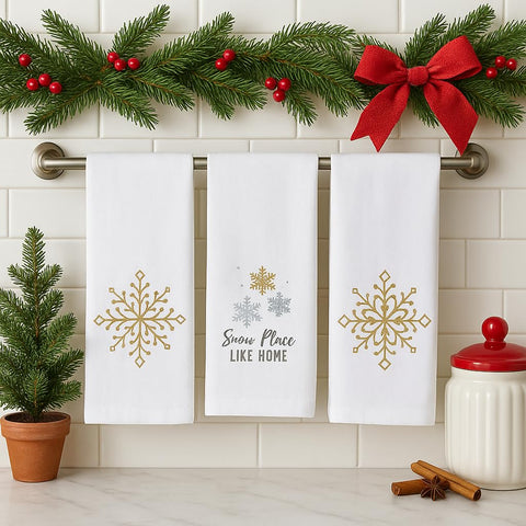 Serafina Home: toallas con frase navideña y copos, decoración festiva diaria