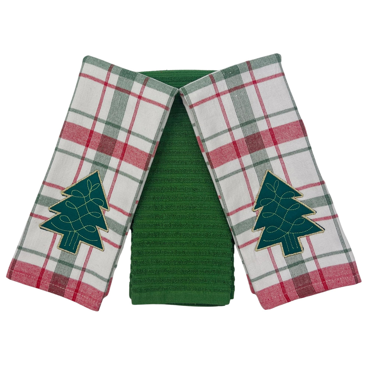 Toallas Serafina Home, cuadros rojo-verde con árbol bordado, ideales para secar platos.