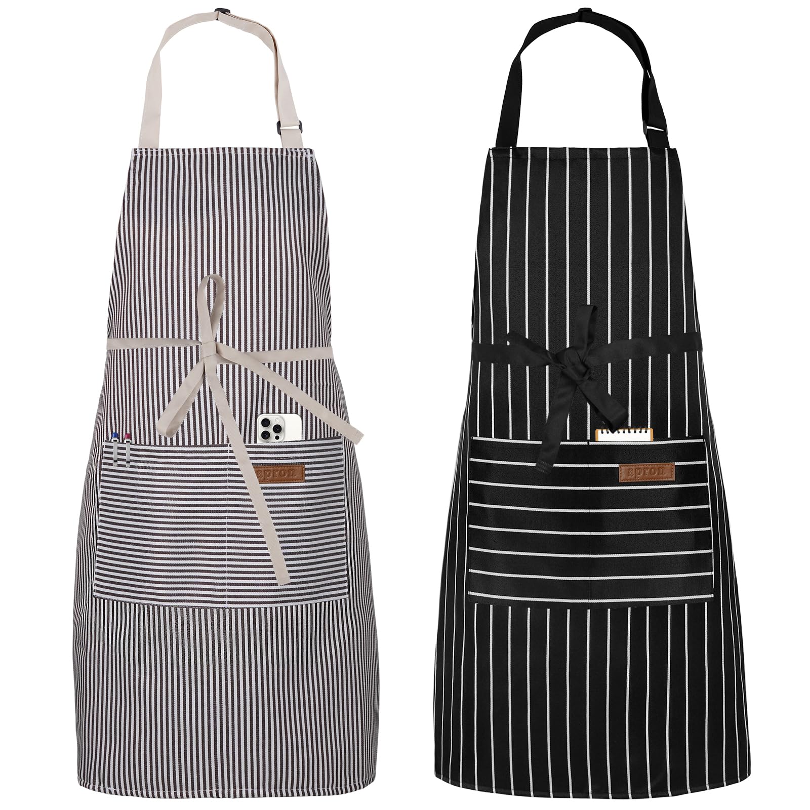 Delantal Serrenf negro con rayas gruesas y 2 bolsillos, ideal para acceso rápido a utensilios.