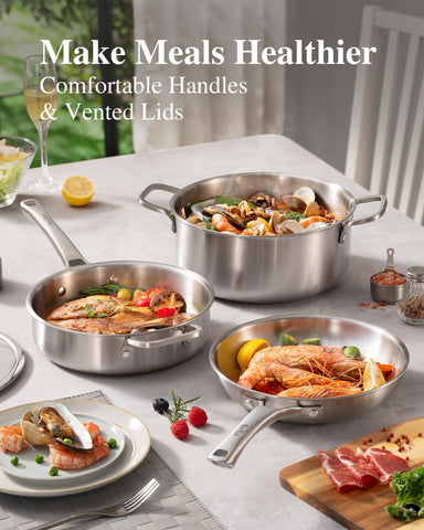 Conjunto de acero inoxidable, olla 6.1qt con tapa para guisos.