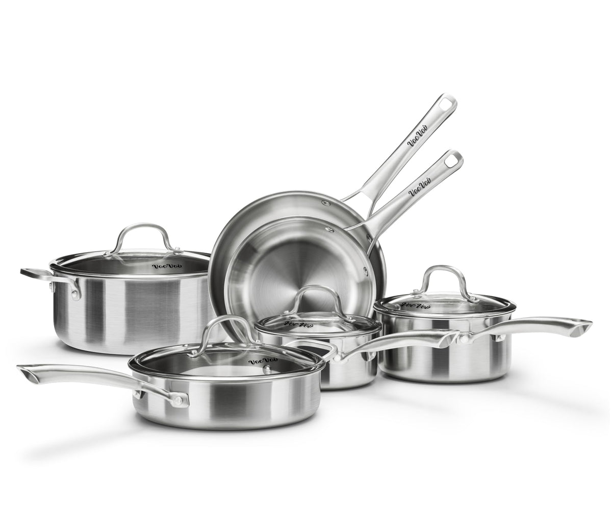 Conjunto de acero inoxidable, sartén de 8 pulgadas para saltear carnes y vegetales.