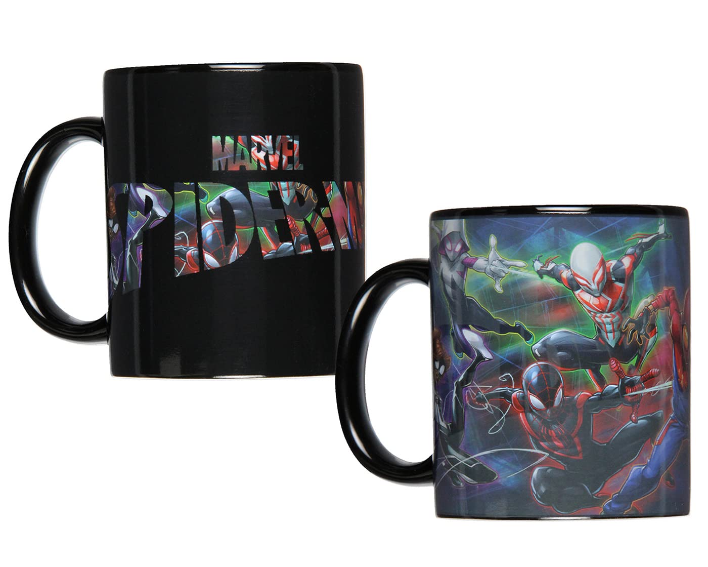 Taza Seven Times Six Marvel Spiderman Miles Morales Spider-Gwen cambia color con calor, ideal para café.