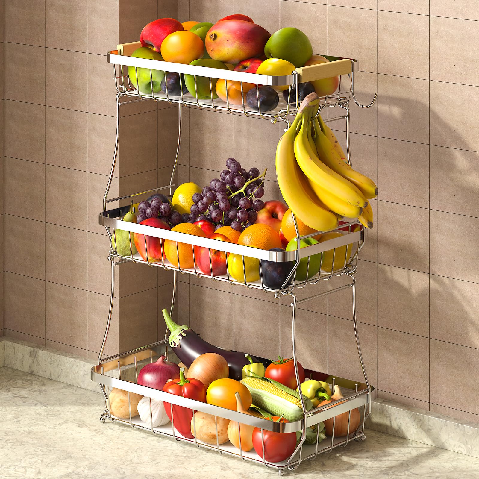 Sevenblue bandeja de frutas de dos niveles en metal para mostrador, mantiene la fruta organizada.