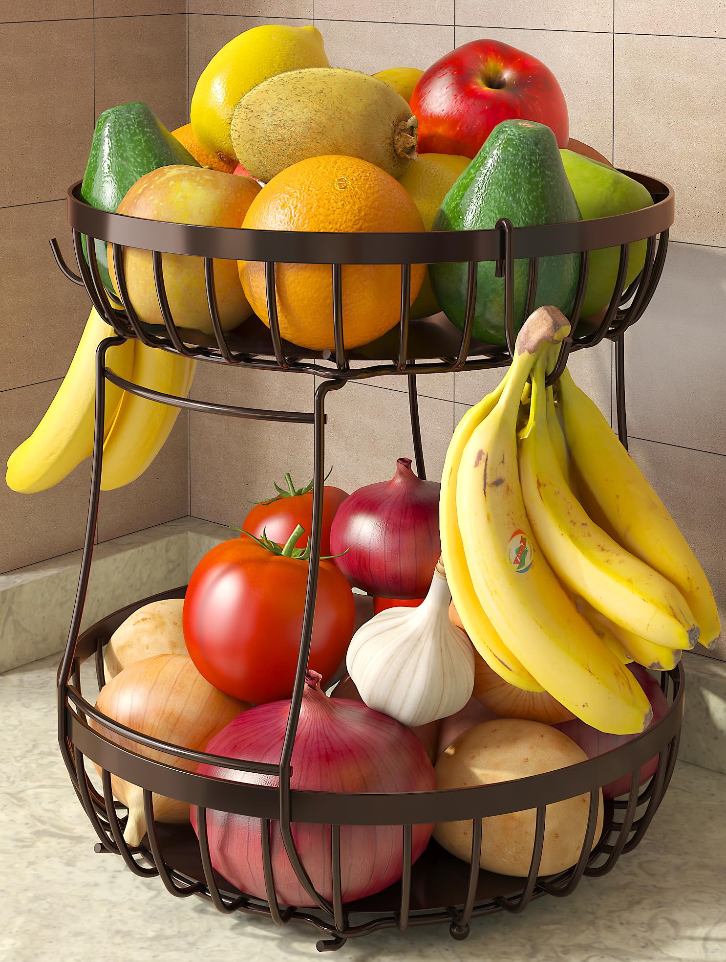 Sevenblue cesta de fruta de dos niveles en la cocina, organizada y con estilo.