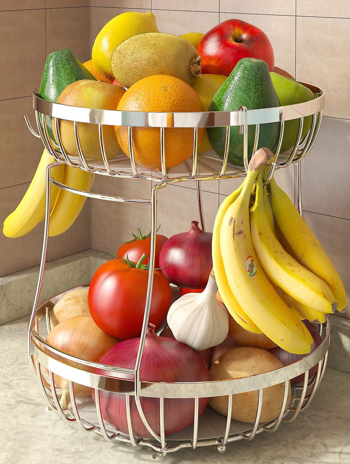 Sevenblue frutero doble nivel en mostrador para organización eficiente.