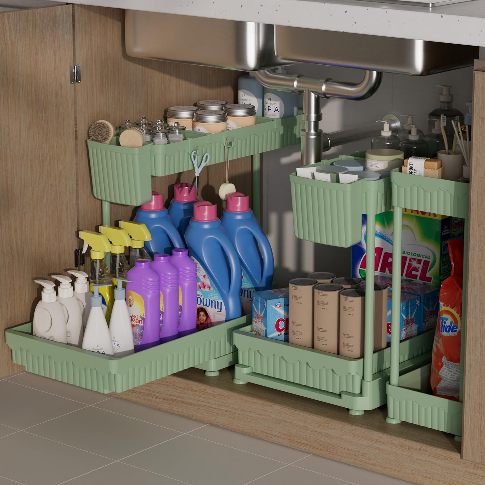 Sevenblue organizador gabinete en L verde deslizante, aprovecha el espacio debajo del fregadero.