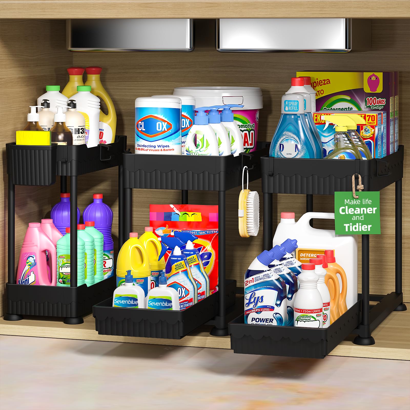 Sevenblue organizadores bajo lavabo con dos estantes deslizantes para acceso fácil.
