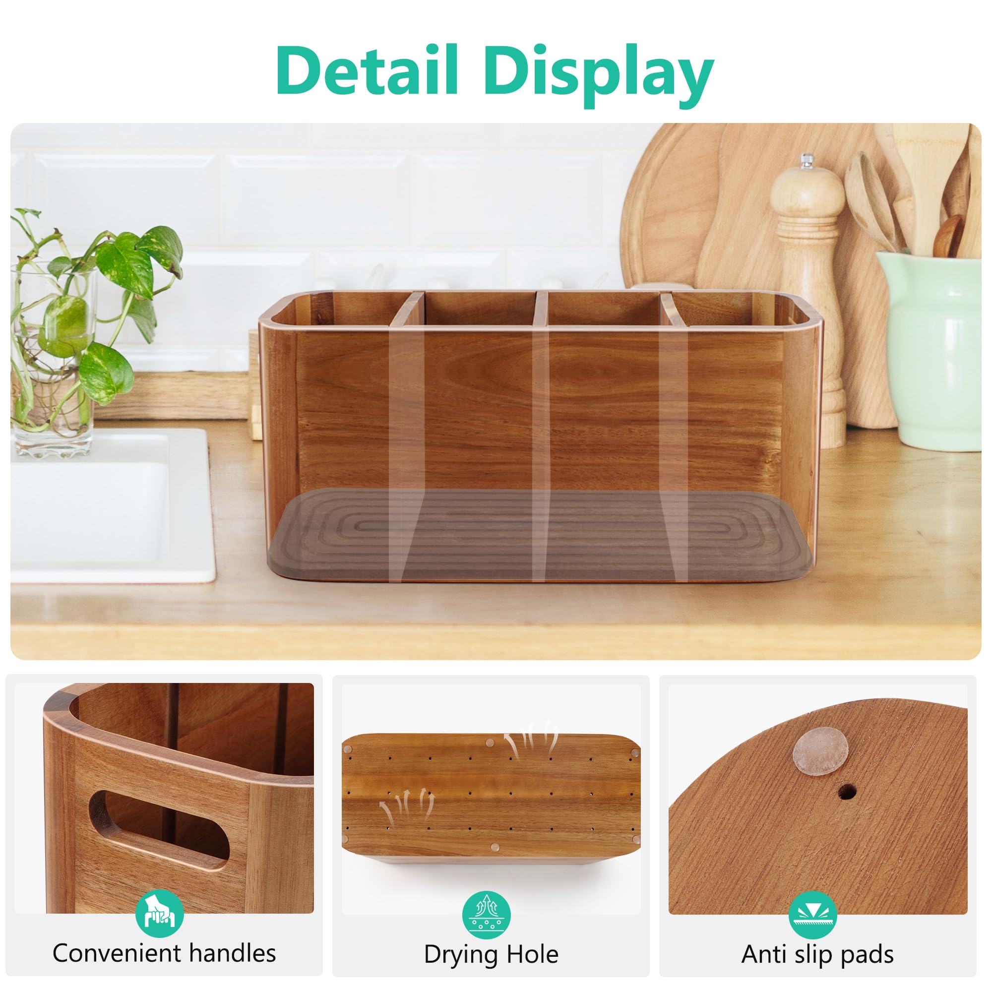 Detalle en madera de acacia con acabado mate para cocina rústica.