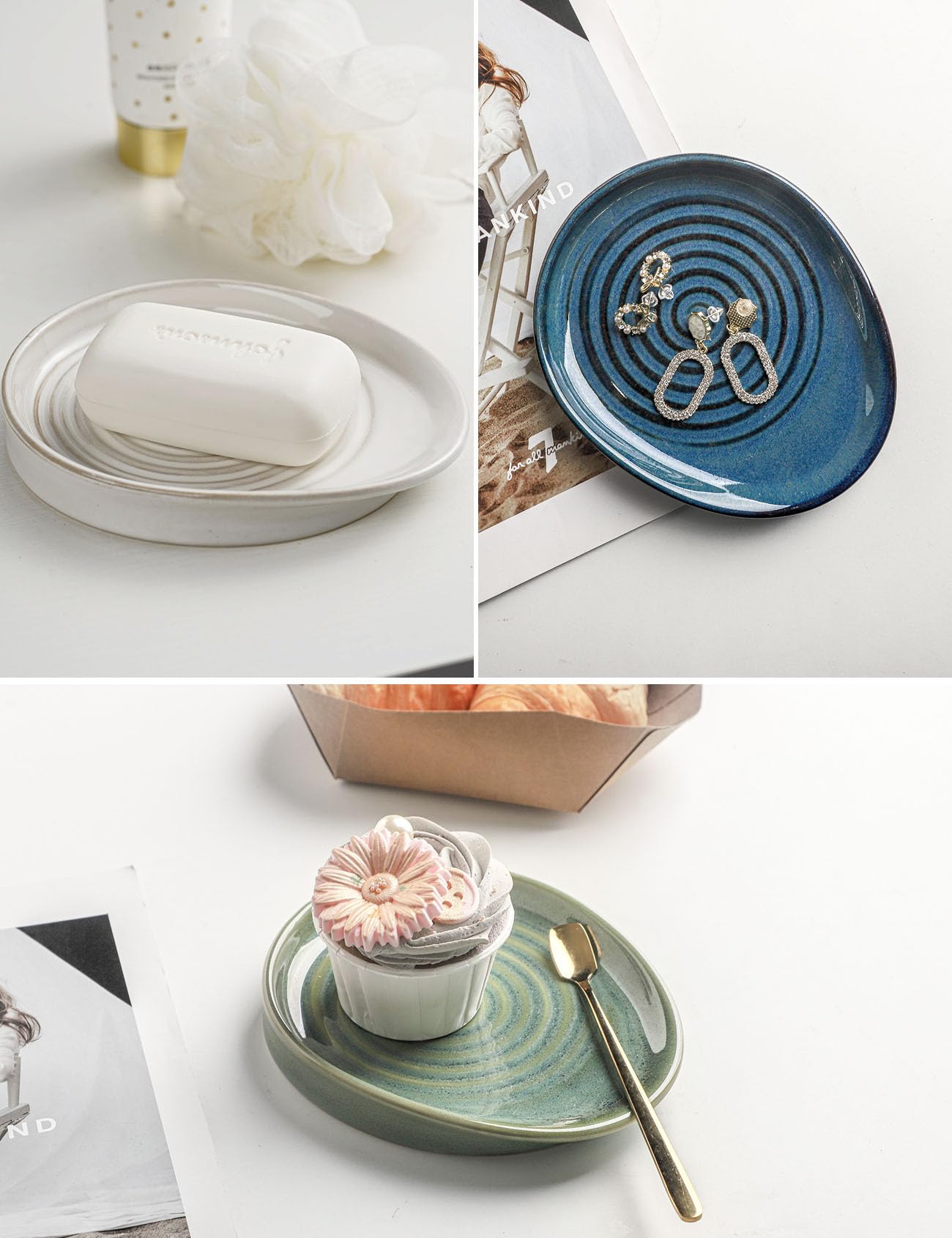 Función multifuncional como jabonero o bandeja decorativa para joyas.
