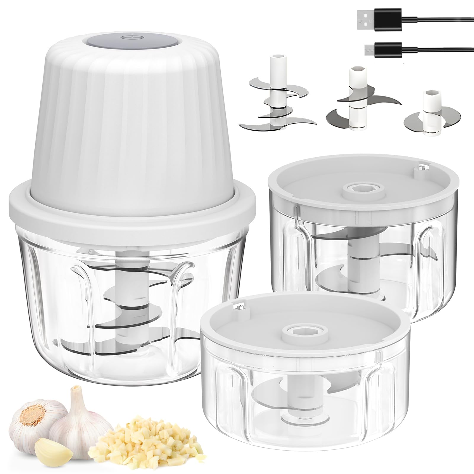 SF SUNFUNY mini picadora sin cables con tres tazones para preparar ingredientes por separado.