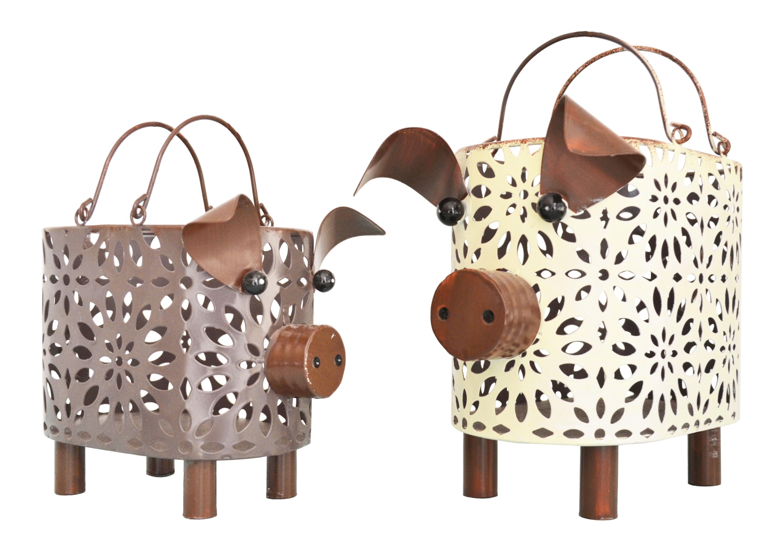 ShabbyDecor cerdo de metal con asa crema, ideal como centro de mesa rústico.