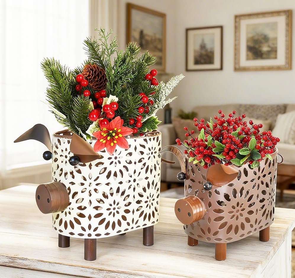 ShabbyDecor cerdo de metal marrón con asa, centro de mesa compacto.
