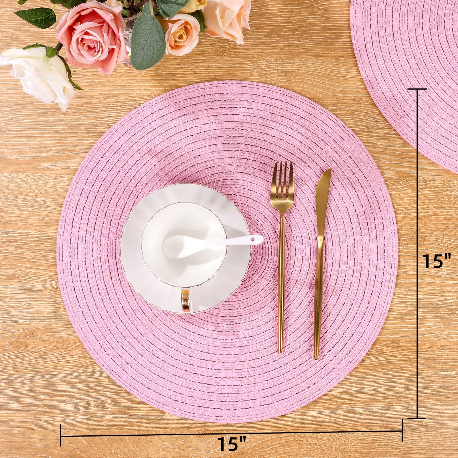 SHACOS individuales redondos trenzados rosa, fáciles de apilar para almacenamiento.