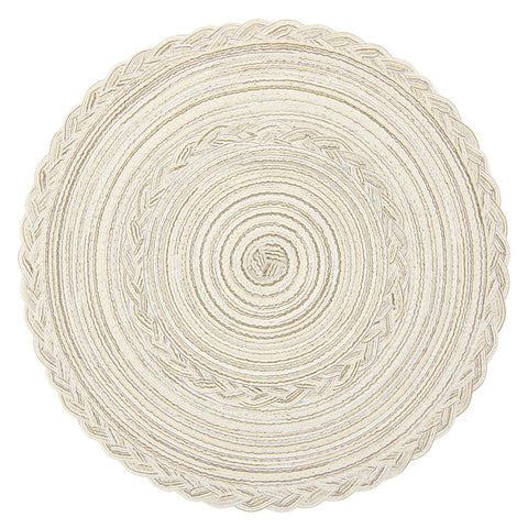 Mantel individual SHACOS redondo marfil con borde trenzado para cenas elegantes.