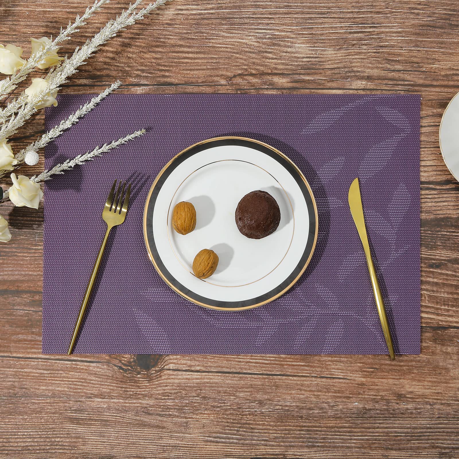SHACOS salvamanteles hoja morada, reversibles para dos estilos de mesa.