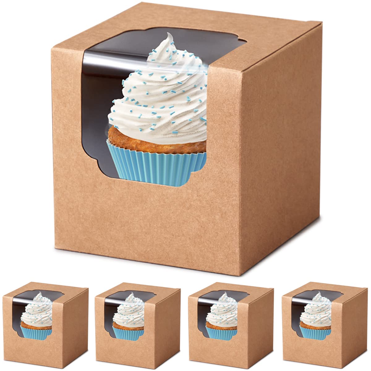 Shallive caja cupcake kraft 60 unidades, vista frontal, presentación perfecta para eventos.
