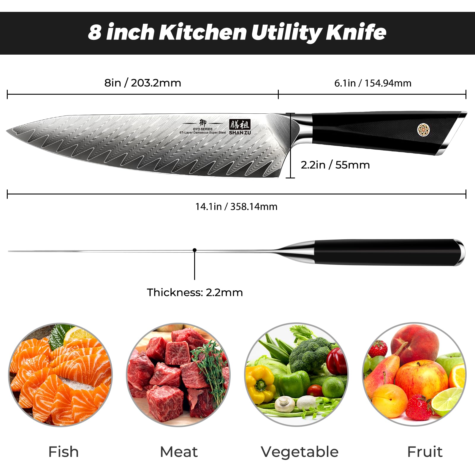 Borde de 15° SHAN ZU para cortes eficientes en verduras y carnes.