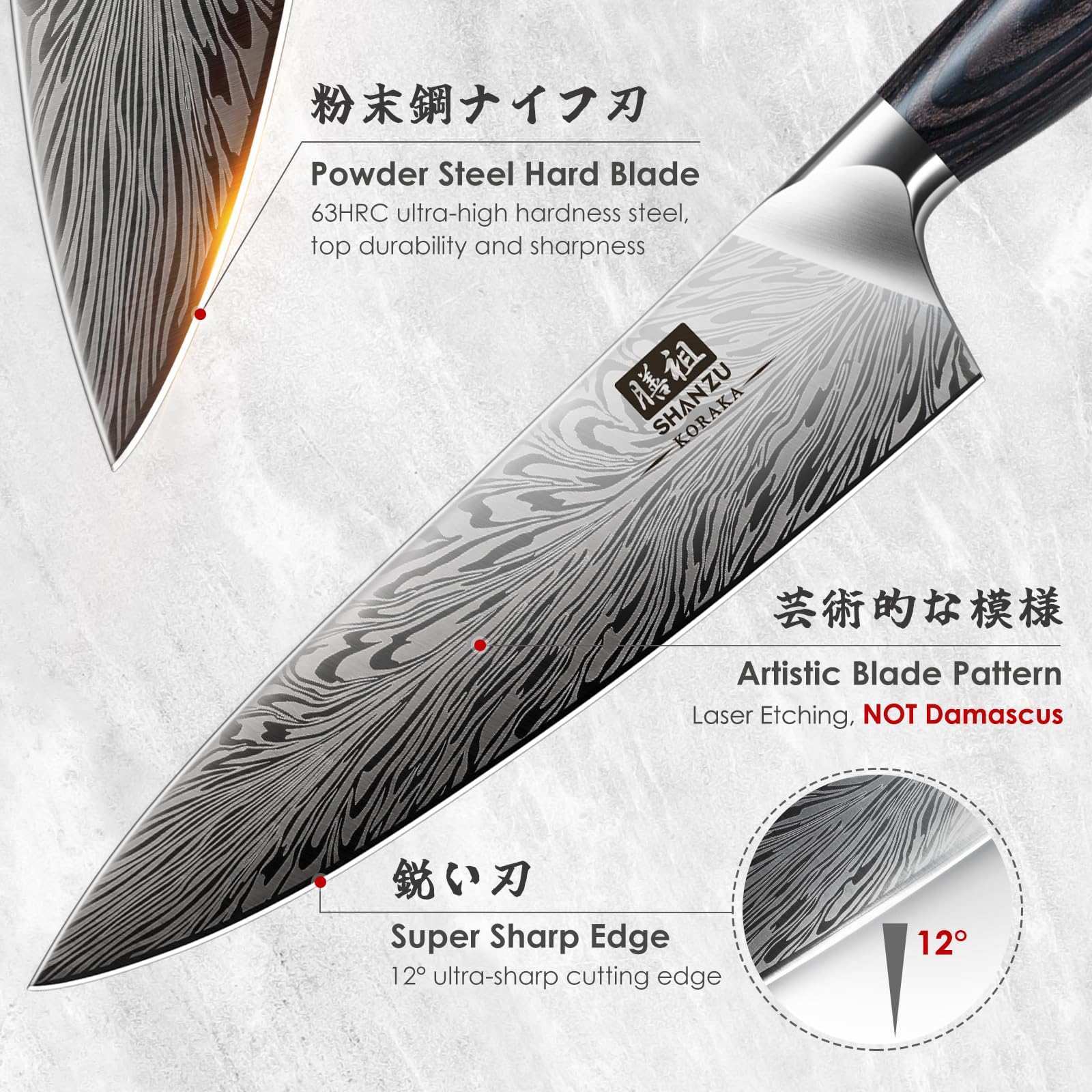 SHAN ZU cuchillo chef 63HRC con filo de 12 grados para cortes precisos.