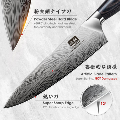 SHAN ZU cuchillo chef 63HRC con filo de 12 grados para cortes precisos.