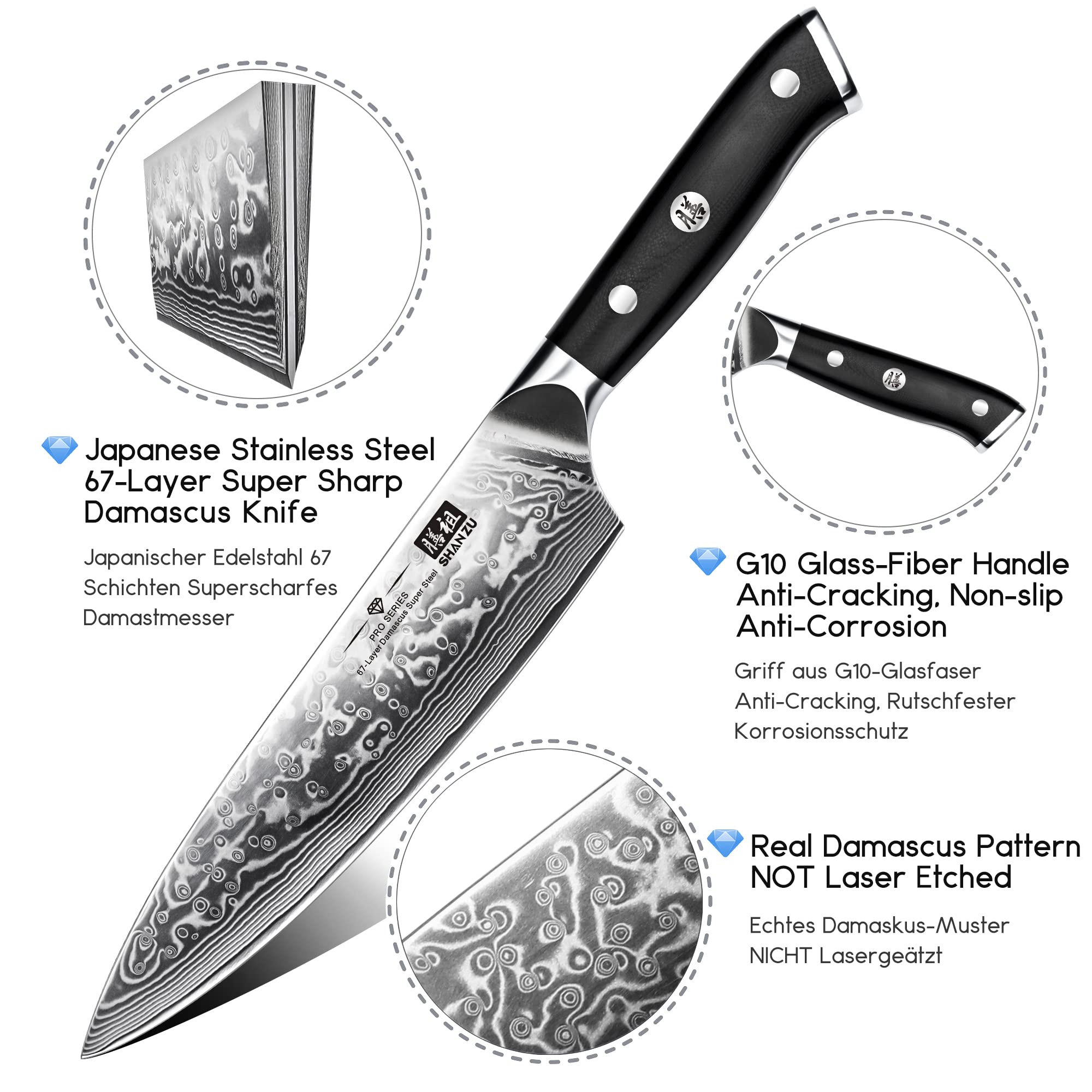 SHAN ZU Cuchillo de Chef 8 pulgadas, 67 capas, patrón damasco visible