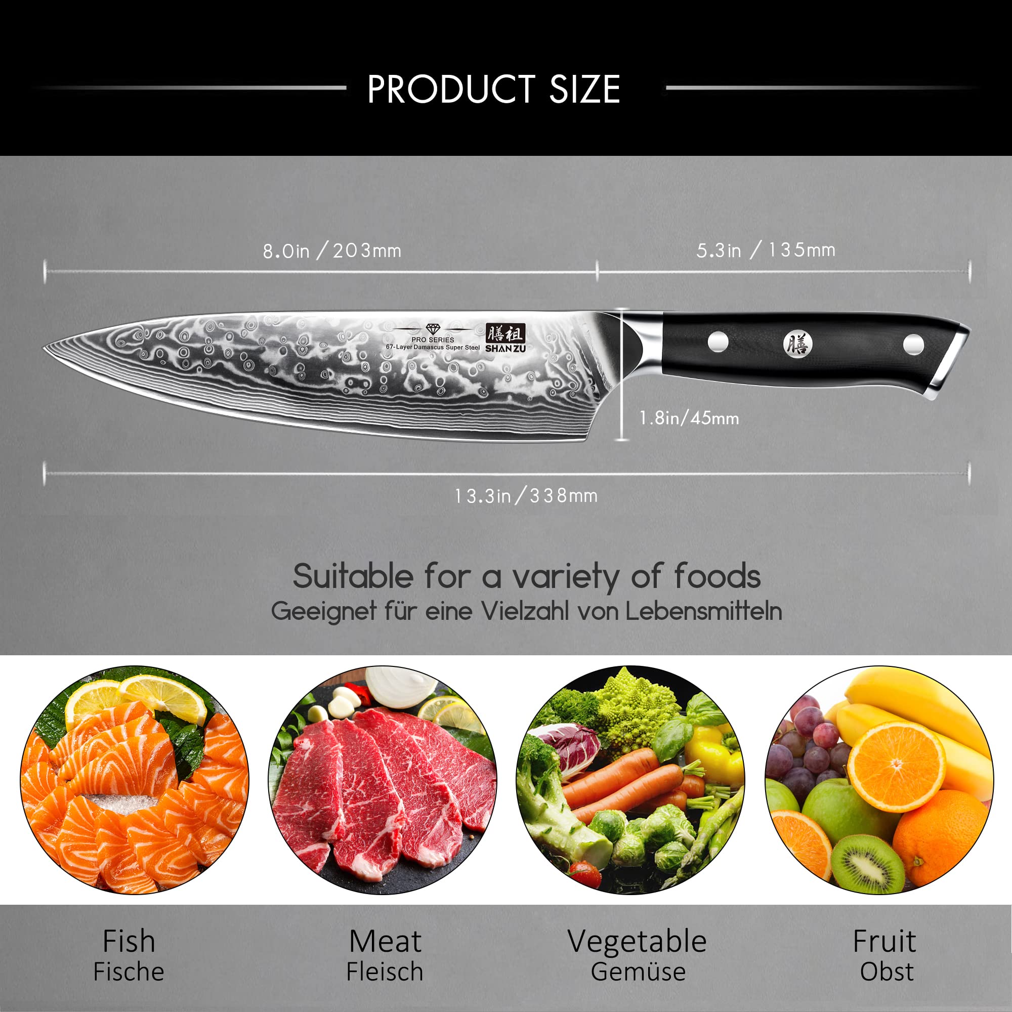 SHAN ZU Cuchillo de Chef 8 pulgadas, bisel de 15° para cortes precisos