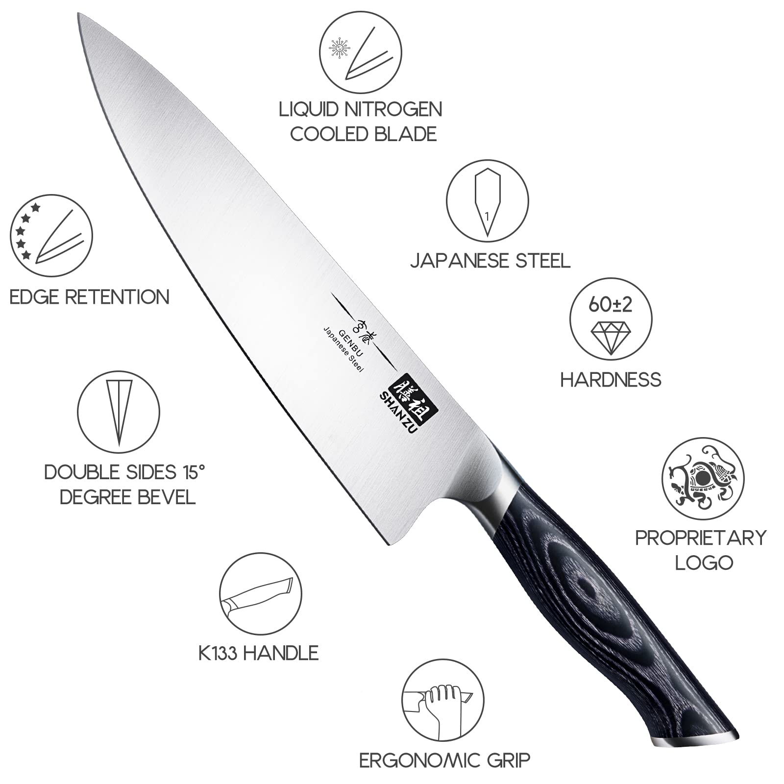 SHAN ZU cuchillo chef 8 pulgadas, diseño Genbu que combina estética y resistencia.