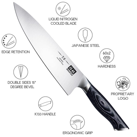 SHAN ZU cuchillo chef 8 pulgadas, diseño Genbu que combina estética y resistencia.