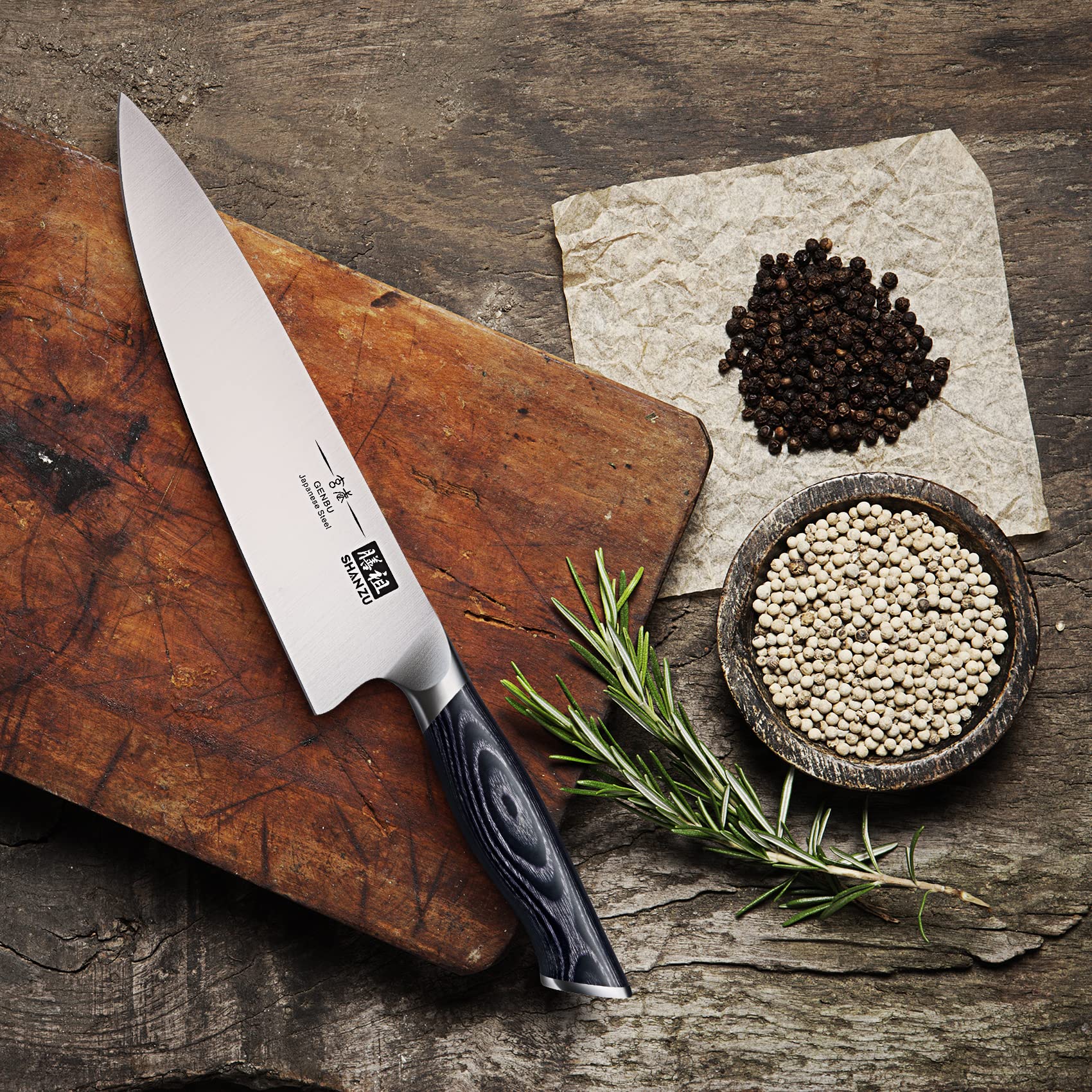 SHAN ZU cuchillo chef 8 pulgadas, equilibrio de peso para cortes consistentes.