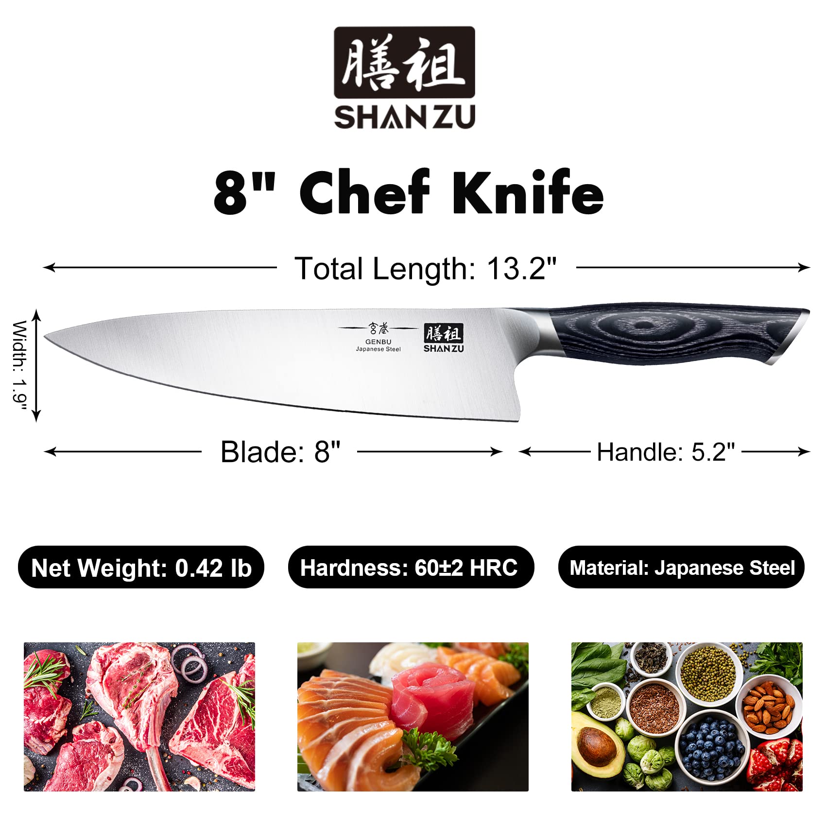 SHAN ZU cuchillo chef 8 pulgadas, mango ergonómico para uso cómodo y prolongado.