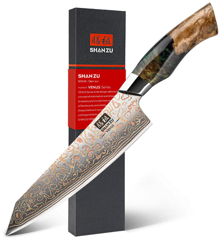 Cuchillo SHAN ZU con hoja damasco y filo excepcional para cortes finos.