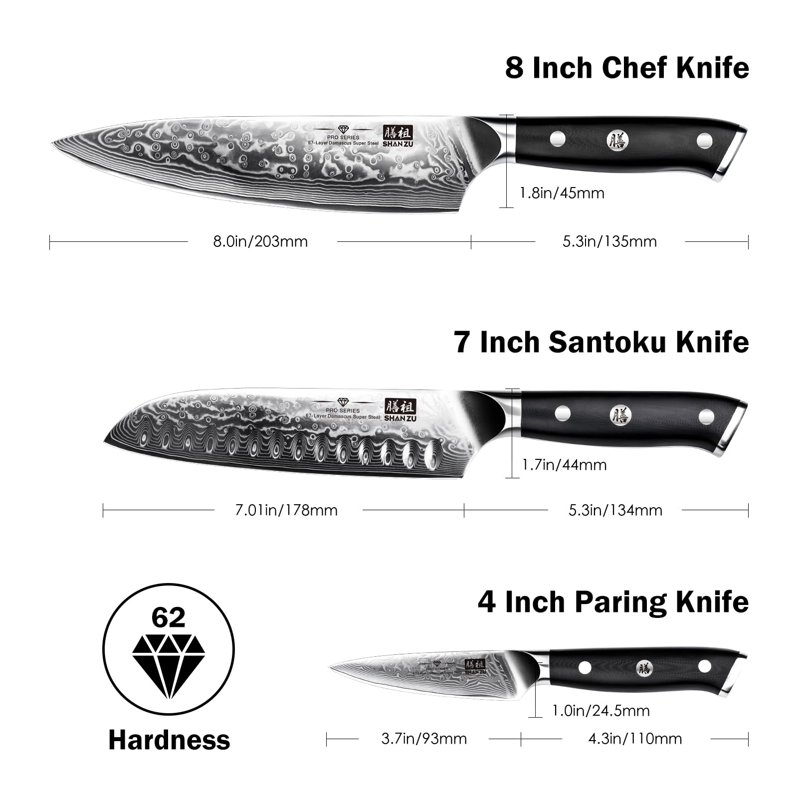 Cuchillo SHAN ZU chef Damascus core 10Cr15Mov, filo afilado para cortes uniformes.