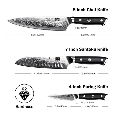 Cuchillo SHAN ZU chef Damascus core 10Cr15Mov, filo afilado para cortes uniformes.