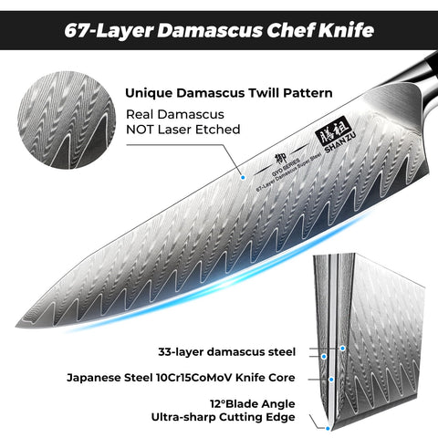Cuchillo SHAN ZU damasco 67 capas, durabilidad y belleza de la hoja.