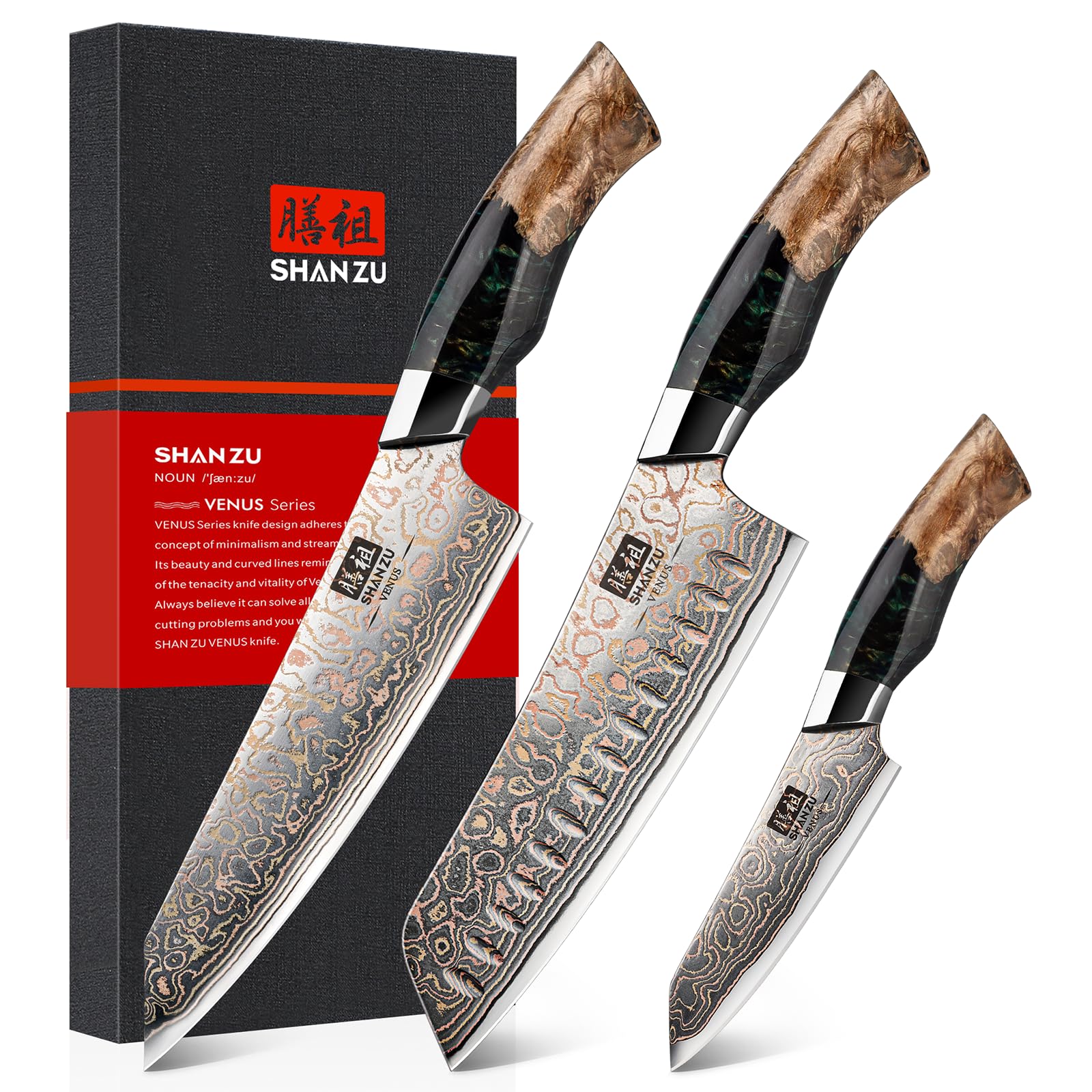 SHAN ZU cuchillo damasco con patrón dorado, ideal para filetear con precisión.