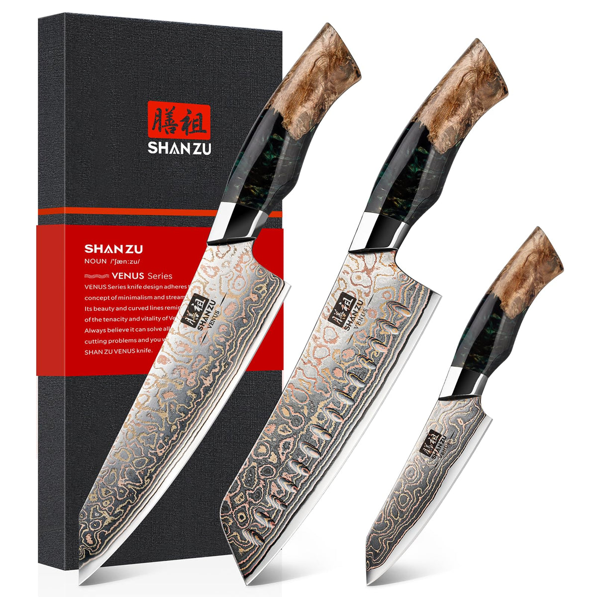 SHAN ZU cuchillo damasco con patrón dorado, ideal para filetear con precisión.