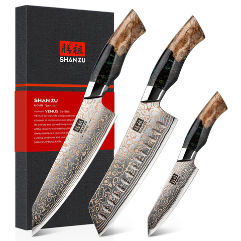 SHAN ZU cuchillo damasco con patrón dorado, ideal para filetear con precisión.