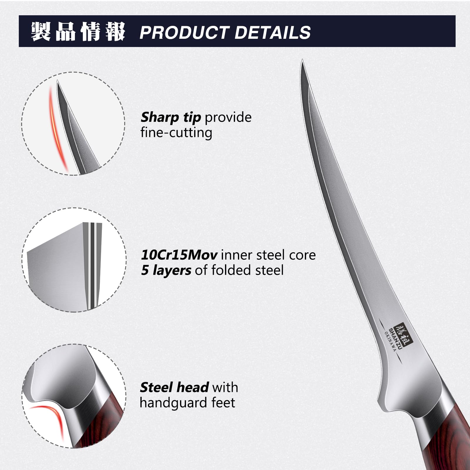 SHAN ZU cuchillo filetear 7'' filo a 12° para deshuesar con precisión