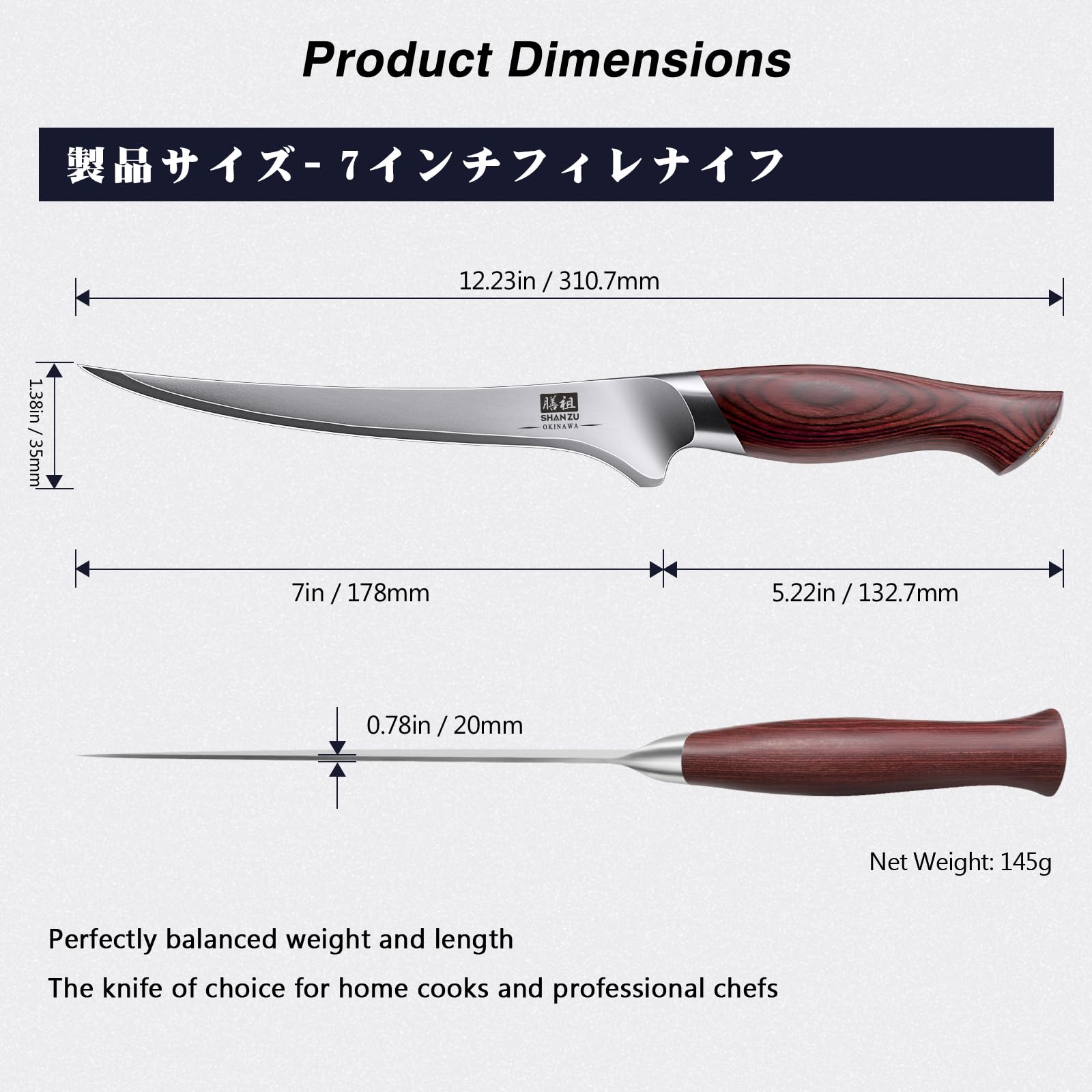 SHAN ZU cuchillo filetear 7'' mango Pakkawood ergonómico para agarre cómodo