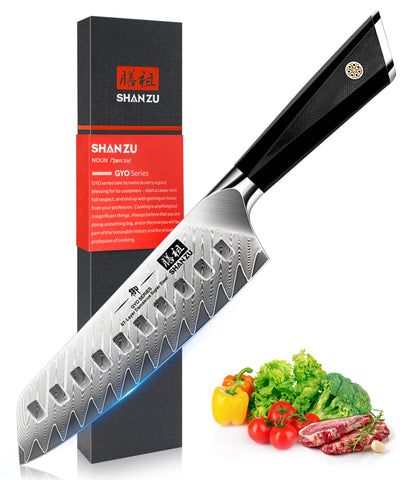 Cuchillo SHAN ZU santoku damasco de 7 pulgadas con hoja de 67 capas, ideal para picar verduras.