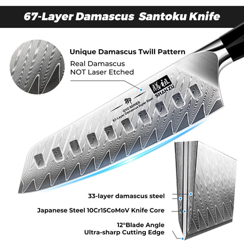 Cuchillo SHAN ZU santoku damasco con cuerpo entero y agarre ergonómico.