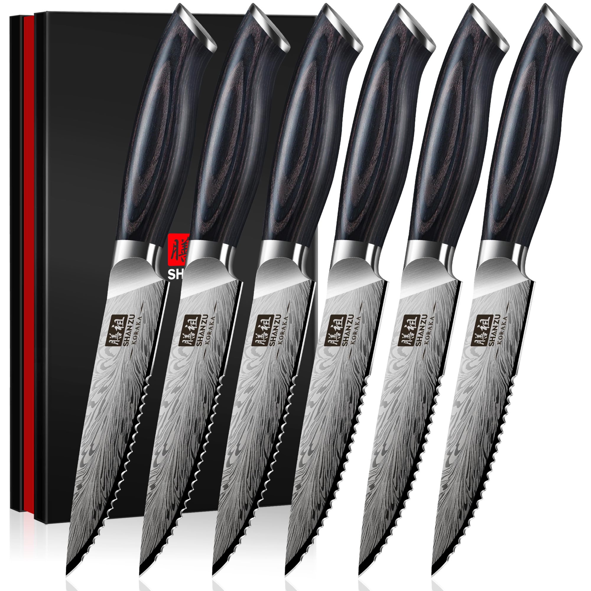 SHAN ZU cuchillos para bistec, set de 6 con hoja de 4,5 pulgadas para servir en cenas