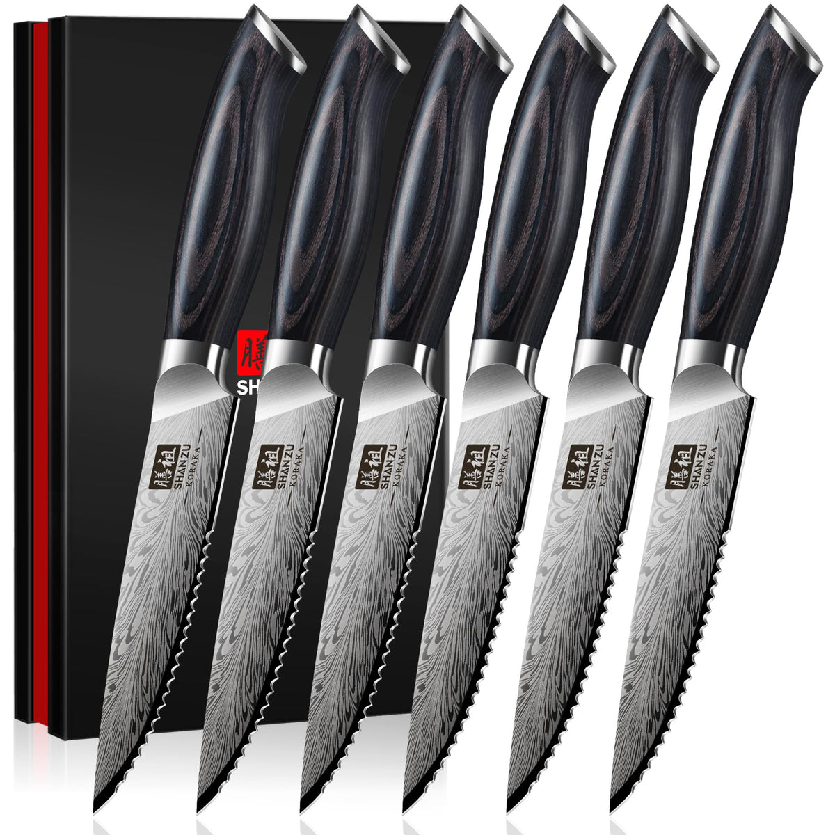 SHAN ZU cuchillos para bistec, set de 6 con hoja de 4,5 pulgadas para servir en cenas