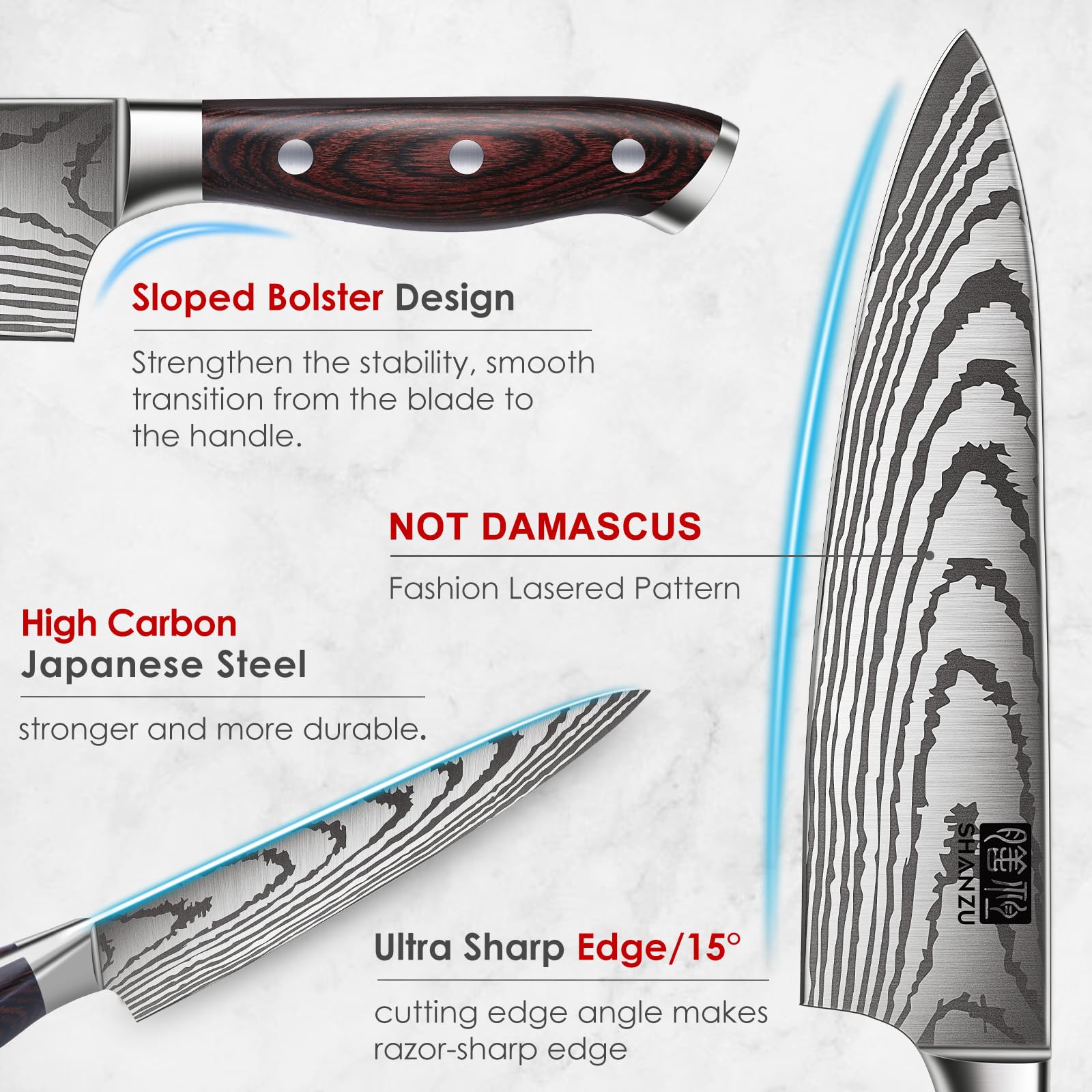 Cuchillo SHAN ZU con grabado láser, acabado elegante y filo de precisión.