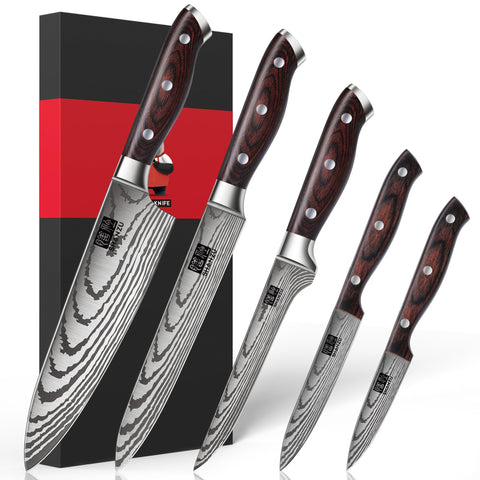 Cuchillos SHAN ZU japoneses de 5 piezas vistos frontalmente, filo preciso para cocinar.