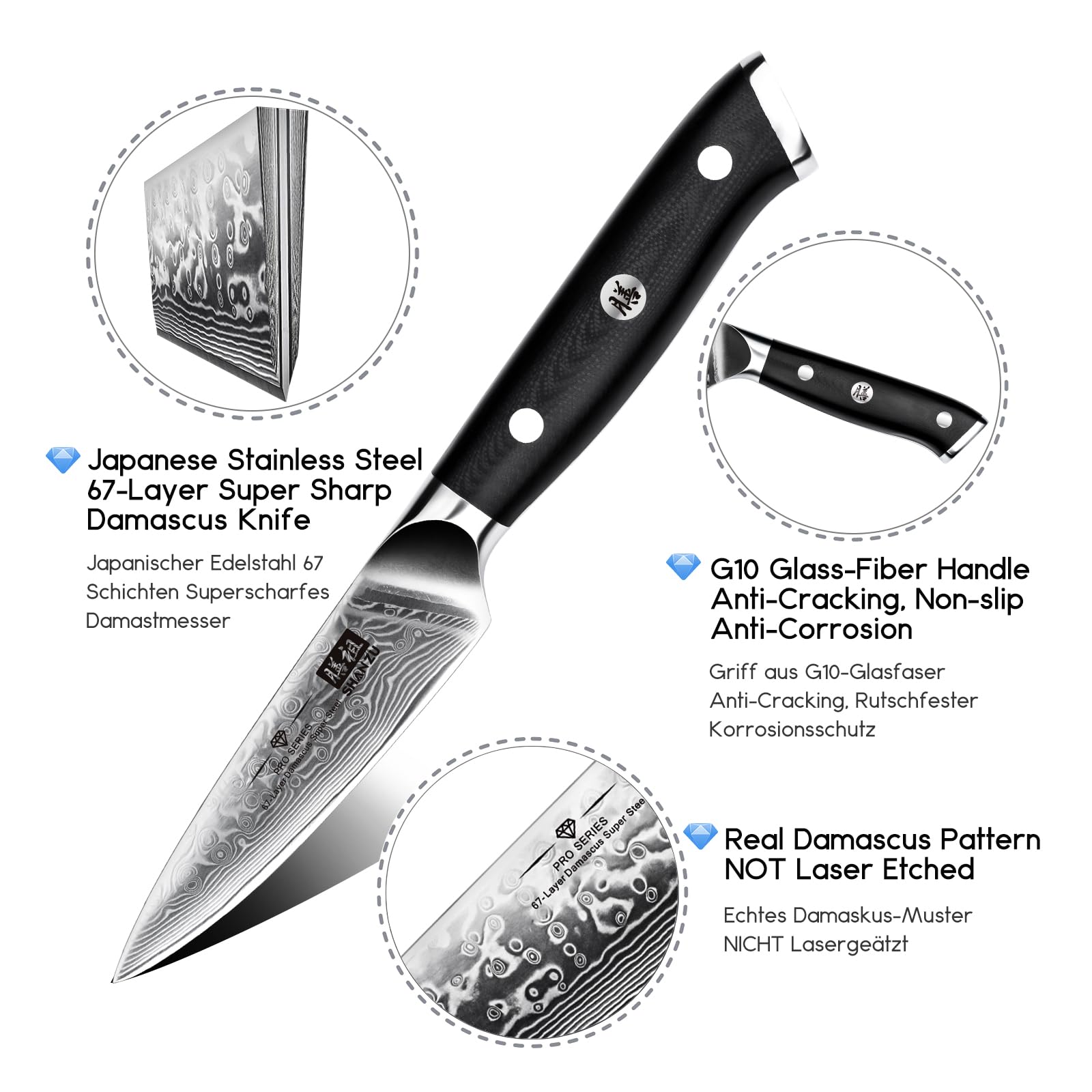 SHAN ZU Cuchillo damasco japonés 67 capas, hoja duradera para cortes finos.