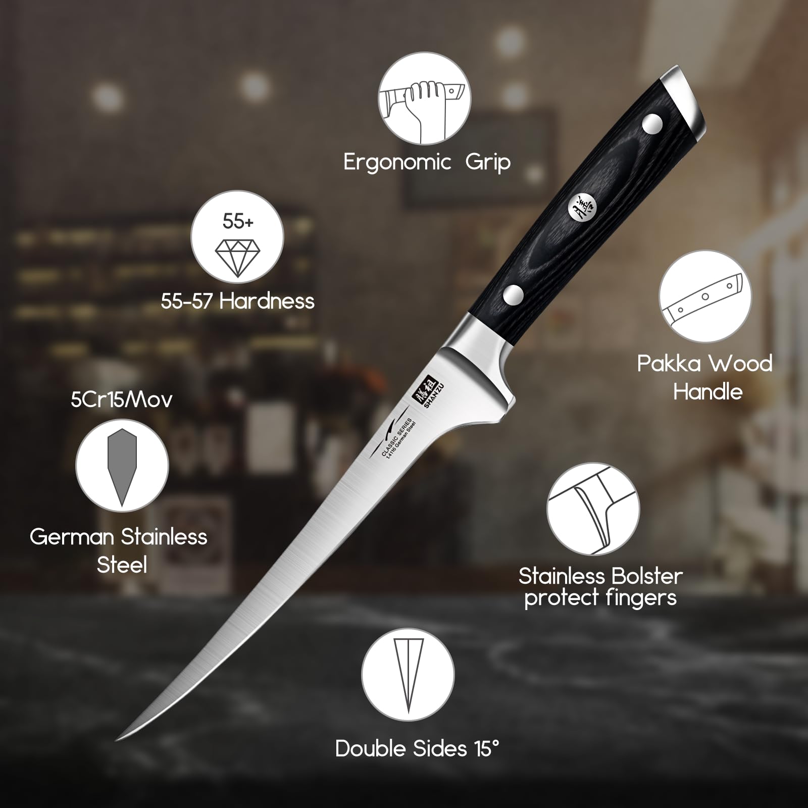 SHAN ZU Mango ergonómico con tres remaches para mayor control.