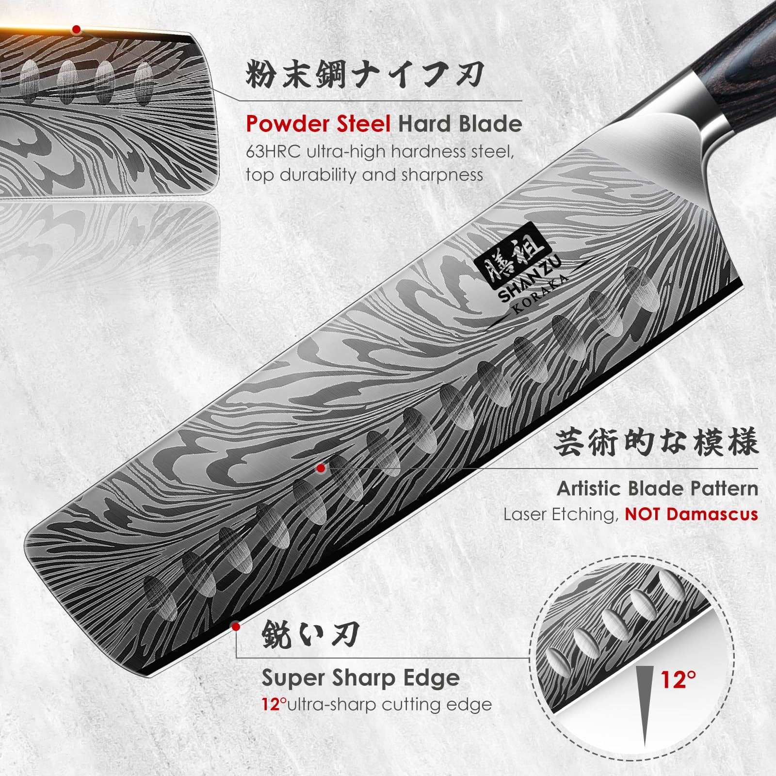 SHAN ZU Nakiri en acero polvo 63HRC, duradera para uso diario.