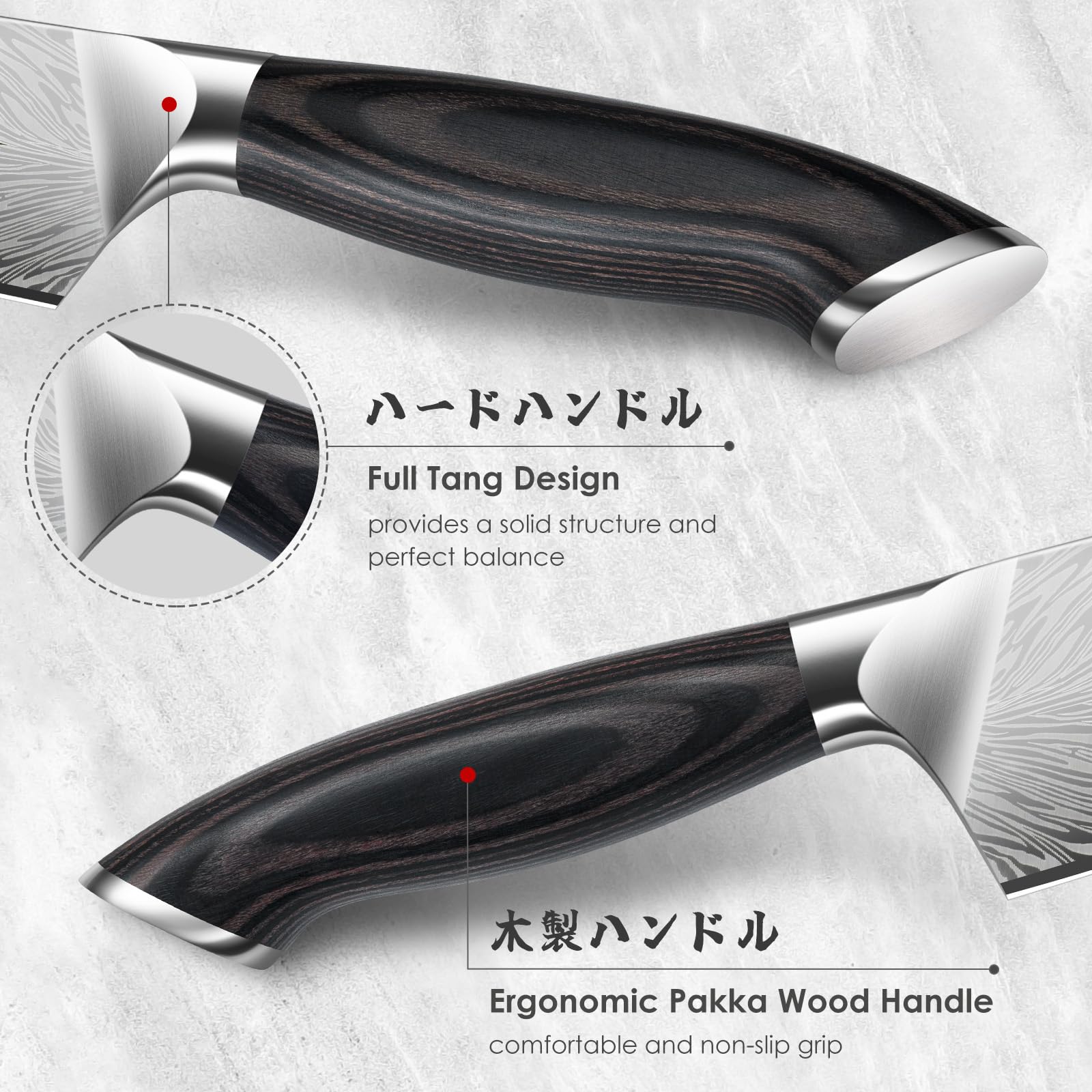 Mango pakkawood ergonómico de SHAN ZU, agarre cómodo y estable.